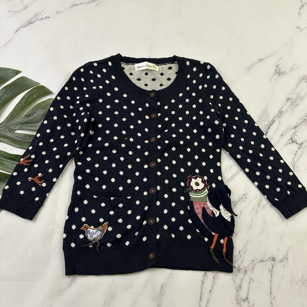 Charlie Robin Anthropologie Chicken Cardigan Sweater Size XS Blue Polka Dot